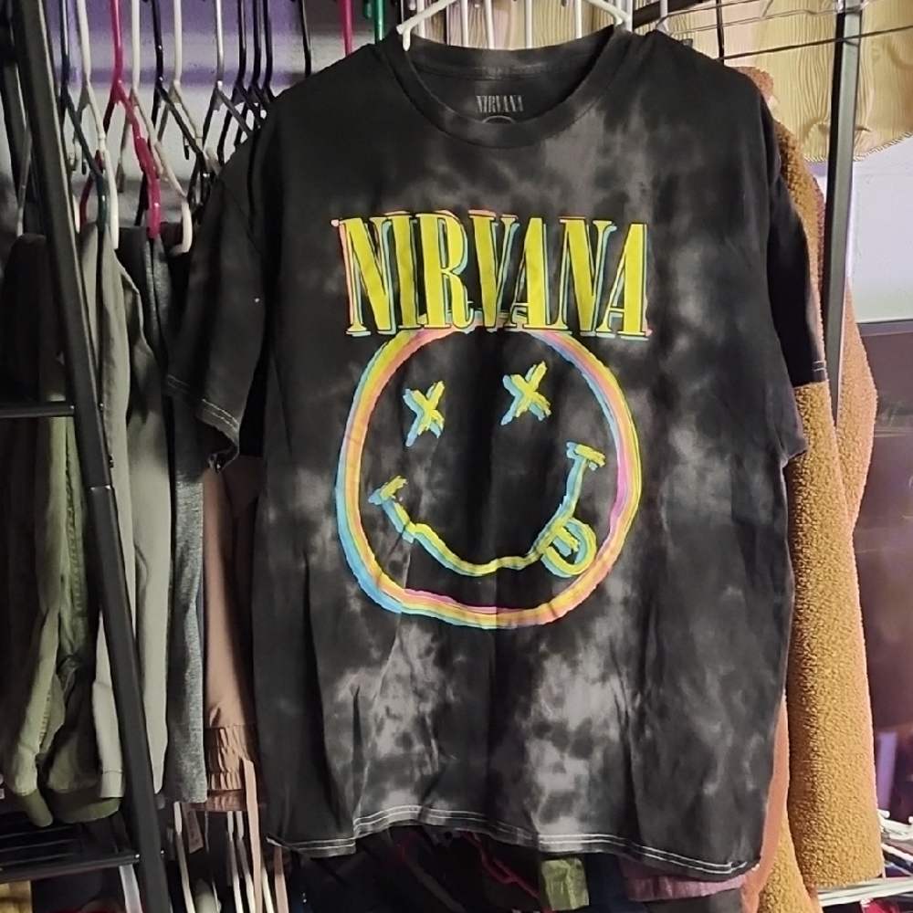NIRVANA Black Tie-Dye Tee with Colorful Logo